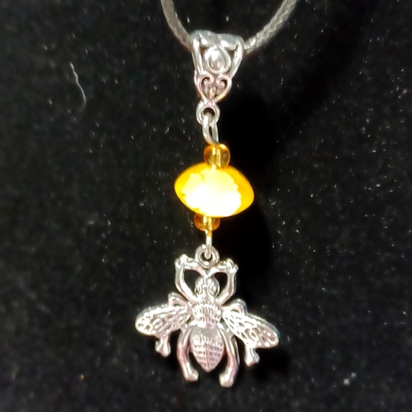 Bee pendant earrings set handmade golden silver beads glass amber dragons veins - Picture 5 of 6